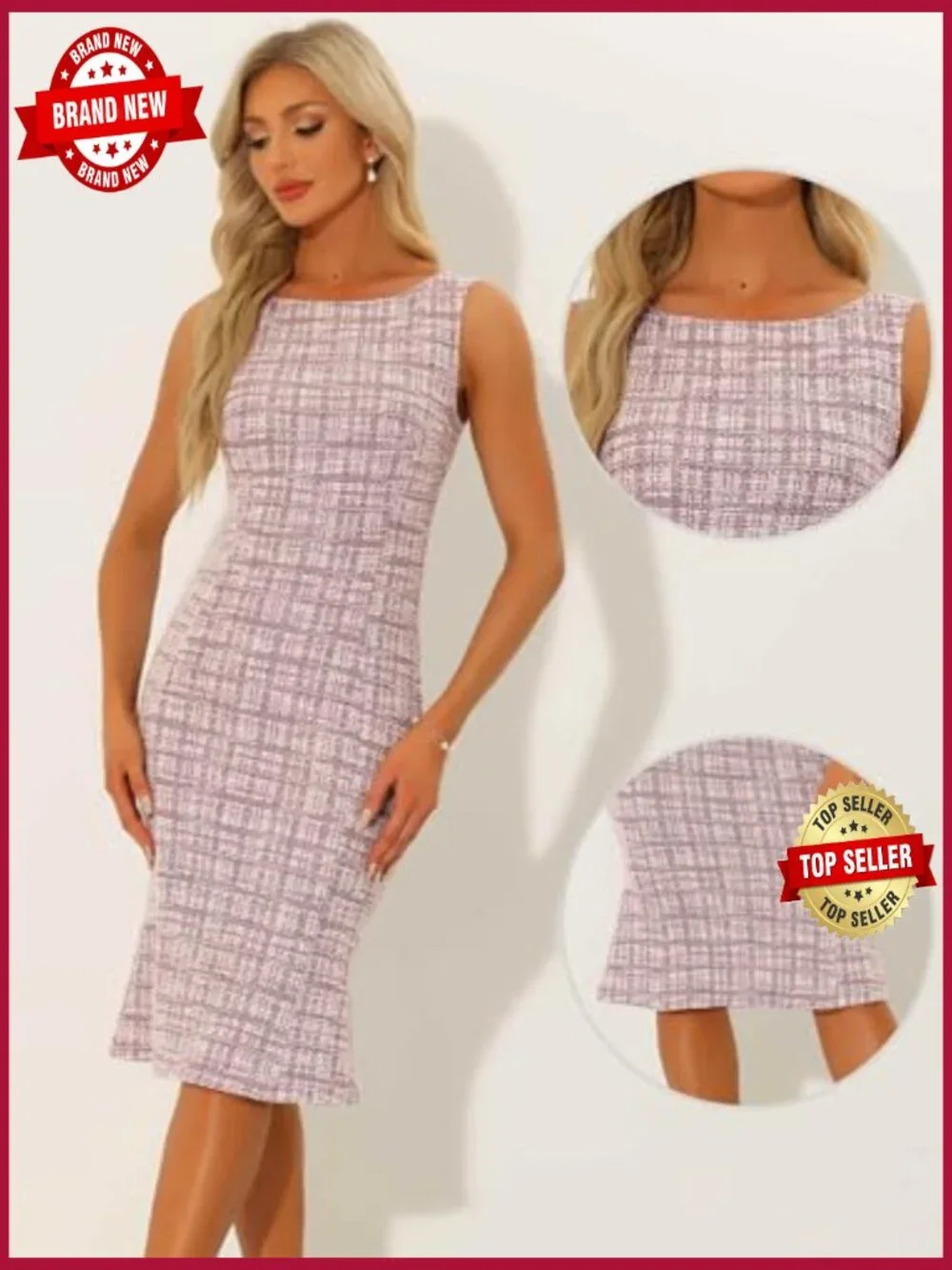 Sleeveless Tweed Plaid Bodycon Pencil Dress Boat Neck Mermaid Hem_4